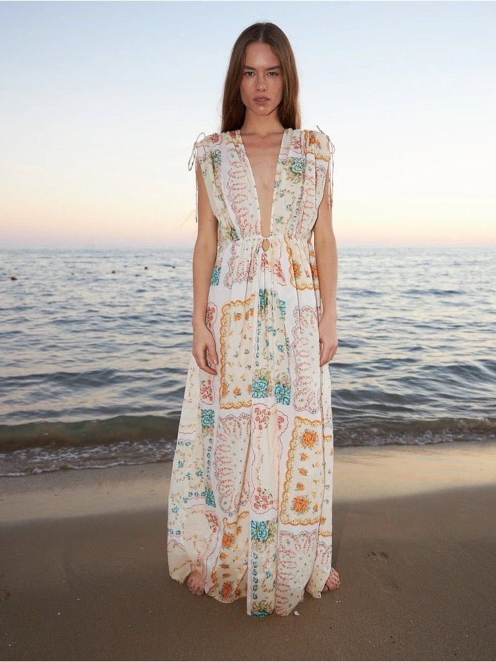 Stella Nova Floral Boho Cream Patchwork Bandana Print Maxi Dress with Tie Waist